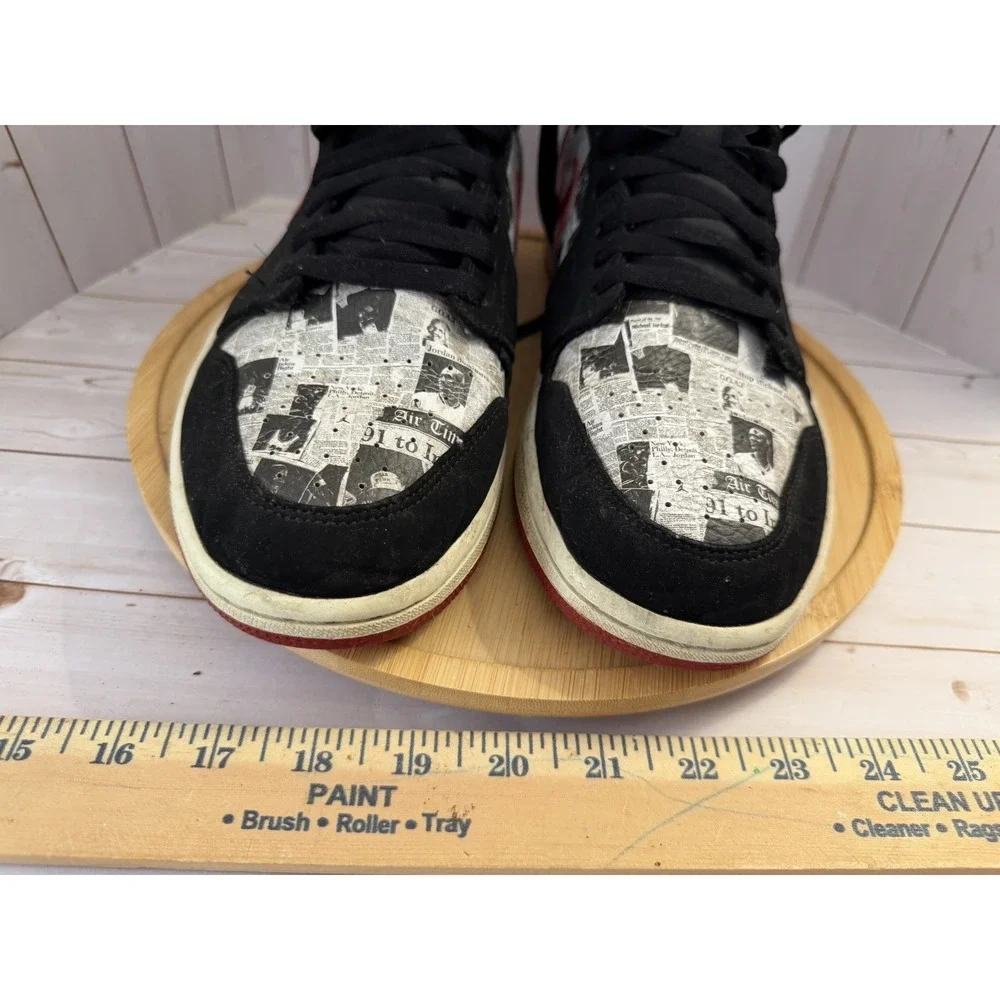 Jordan 1 Mid SE Air Times Newspaper Print Black Red White Sneakers Size 11